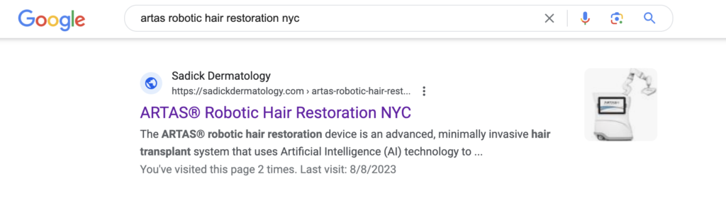 secured #1 spot on the search engine page results for a highly competitive keyword - artas robotic hair restoration nyc